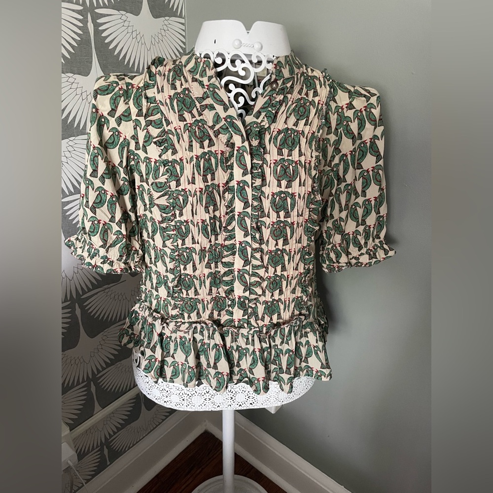Maeve Green and Cream Parrot Print Blouse Sz 2